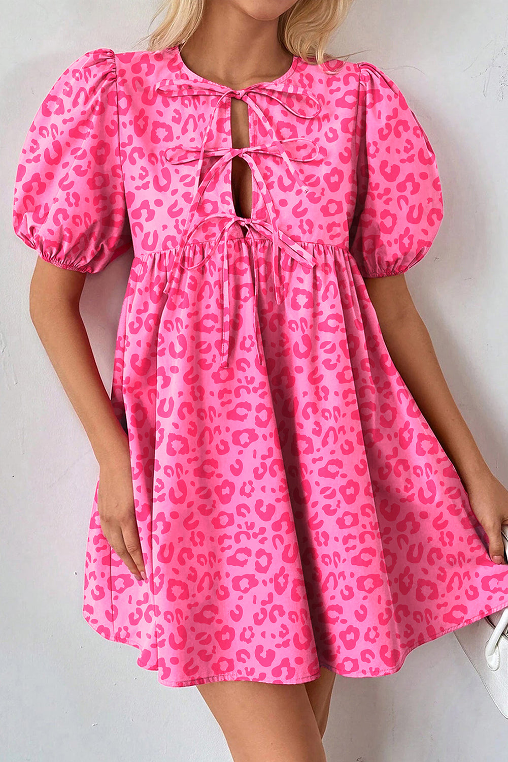 Rose Leopard Puff Sleeve Tie Front High Waist Mini Dress Mini Dresses JT's Designer Fashion