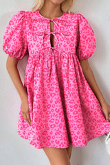 Rose Leopard Puff Sleeve Tie Front High Waist Mini Dress Mini Dresses JT's Designer Fashion
