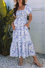 Sky Blue Floral Print Square Neck Bubble Sleeve High Waist Long Dress Maxi Dresses JT's Designer Fashion