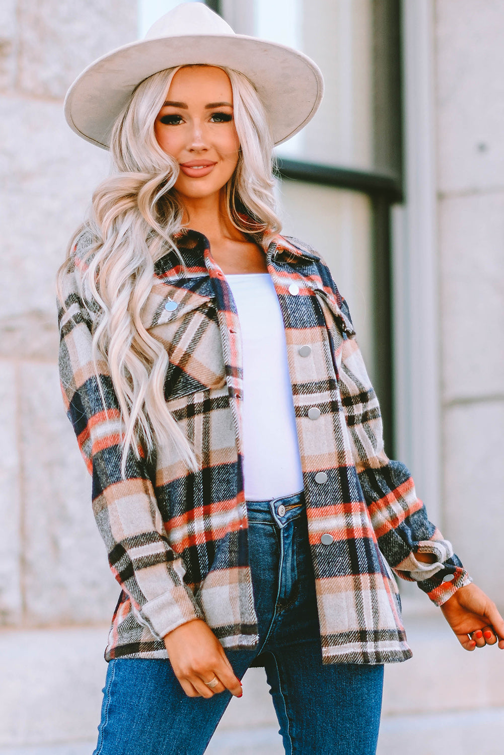 Khaki Geometric Plaid Print Pocketed Shacket Plaid Shackets JT's Designer Fashion