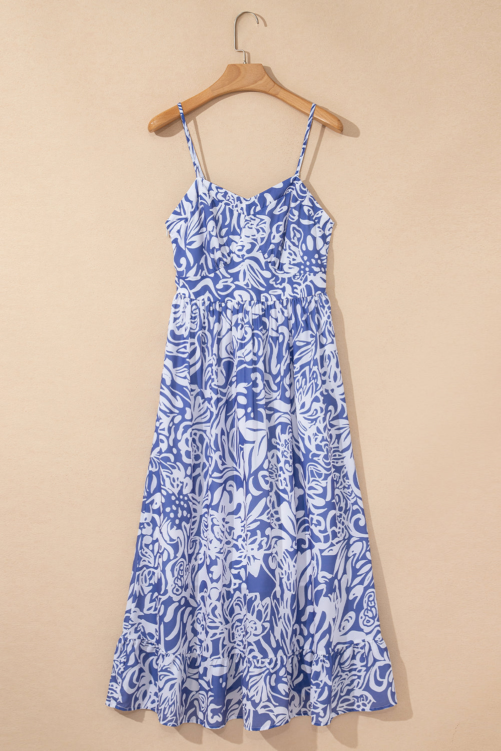 Sky Blue Floral Print Spaghetti Strap High Waist Maxi Dress Floral Dresses JT's Designer Fashion