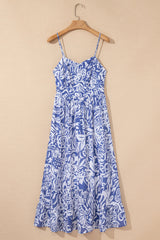 Sky Blue Floral Print Spaghetti Strap High Waist Maxi Dress Floral Dresses JT's Designer Fashion