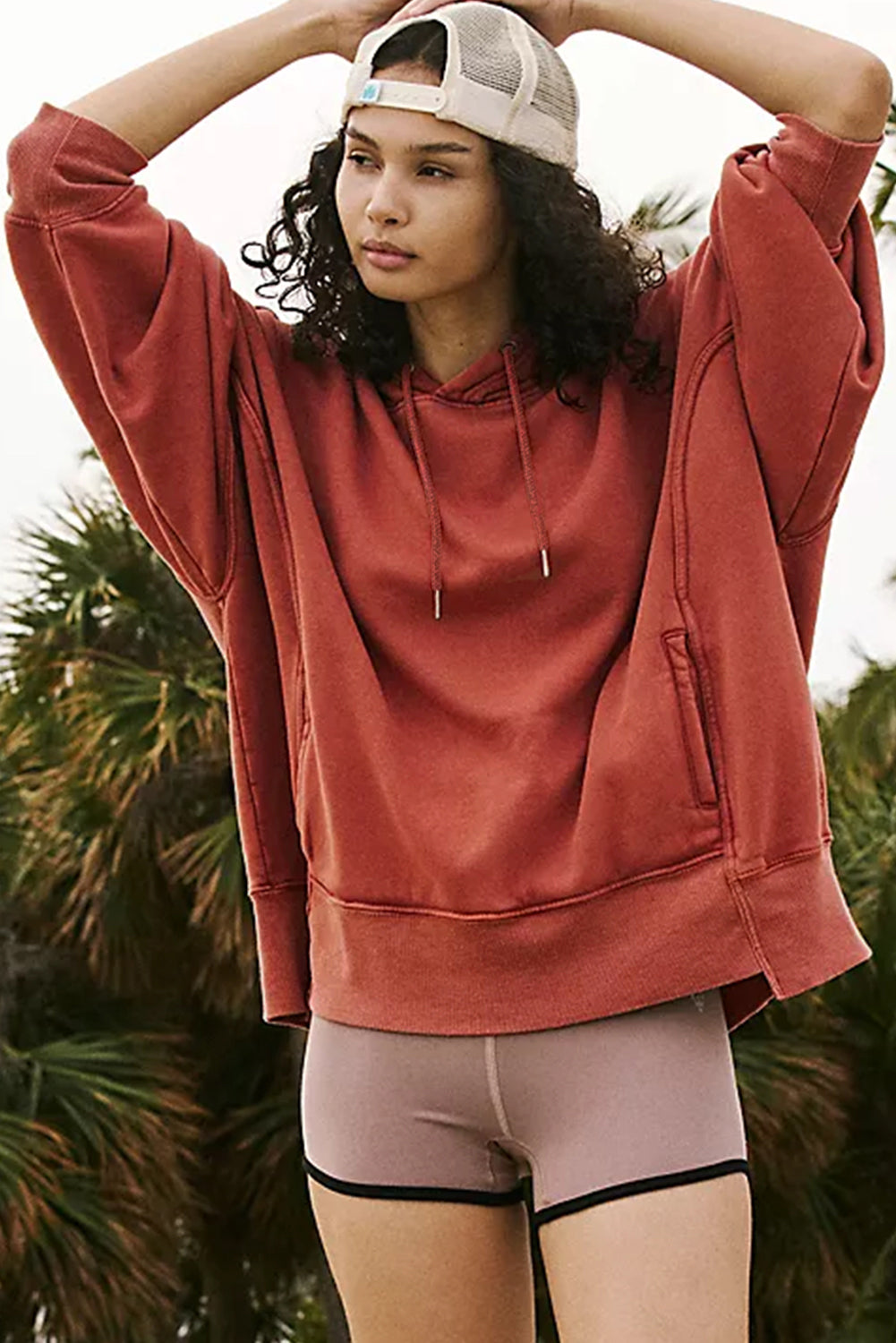 Red Clay Drop Shoulder Pocketed Baggy Drawstring Hoodie Sweatshirts & Hoodies JT's Designer Fashion
