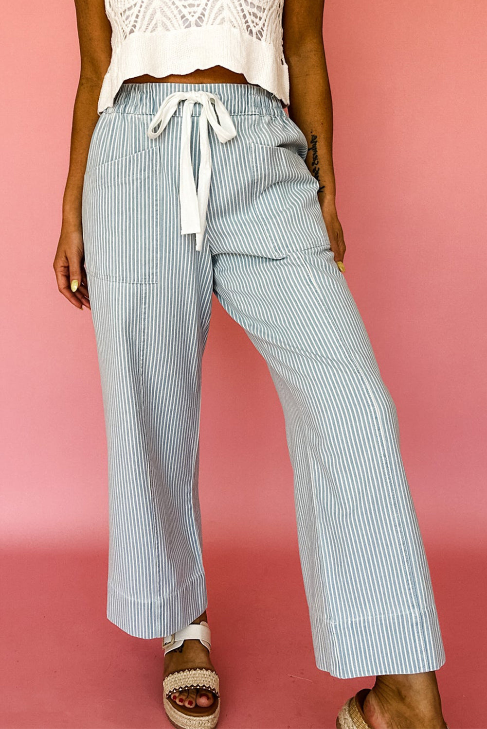 Sky Blue Stripe Mid Rise Drawstring Waist Jeans Jeans JT's Designer Fashion
