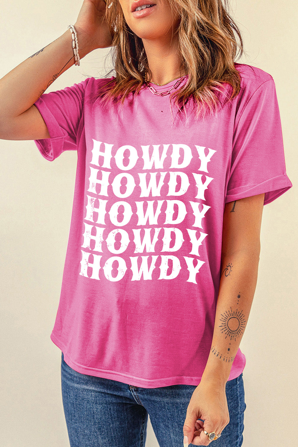 Sachet Pink HOWDY Graphic Western Crew Neck Tee Graphic Tees JT's Designer Fashion