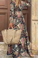 Black Floral Print V Neck Wrap High Waist Long Dress Maxi Dresses JT's Designer Fashion