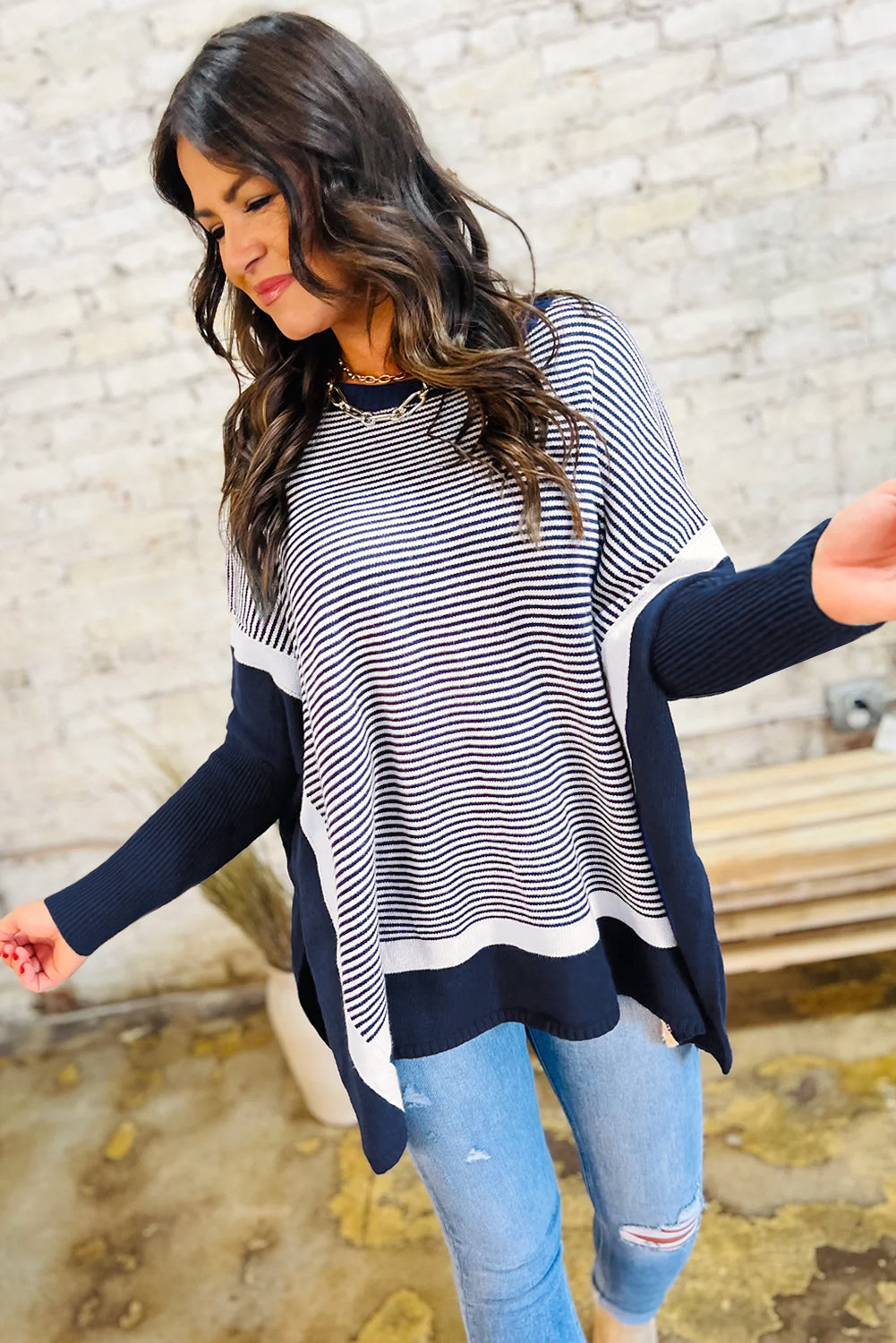 Blue Stripe Color Block Patchwork Dolman Oversize Tunic Sweater Sweaters JT's Designer Fashion