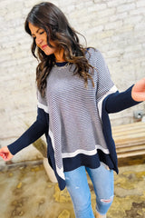 Blue Stripe Color Block Patchwork Dolman Oversize Tunic Sweater Sweaters JT's Designer Fashion
