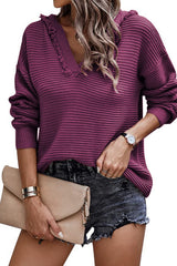 V Neck Ribbed Drop Shoulder Hooded Sweater Sweaters & Cardigans JT's Designer Fashion