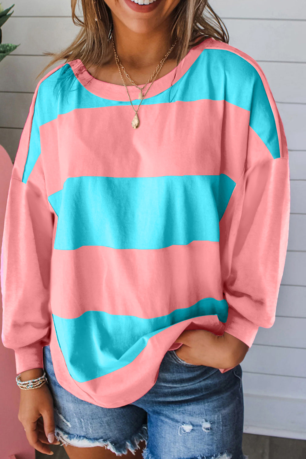 Light Blue Colorblock Striped Drop Shoulder Loose Top Long Sleeve Tops JT's Designer Fashion