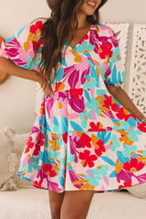 Rose Red Floral Bubble Sleeve V Neck Tiered Ruffle Babydoll Dress Floral Dresses JT's Designer Fashion