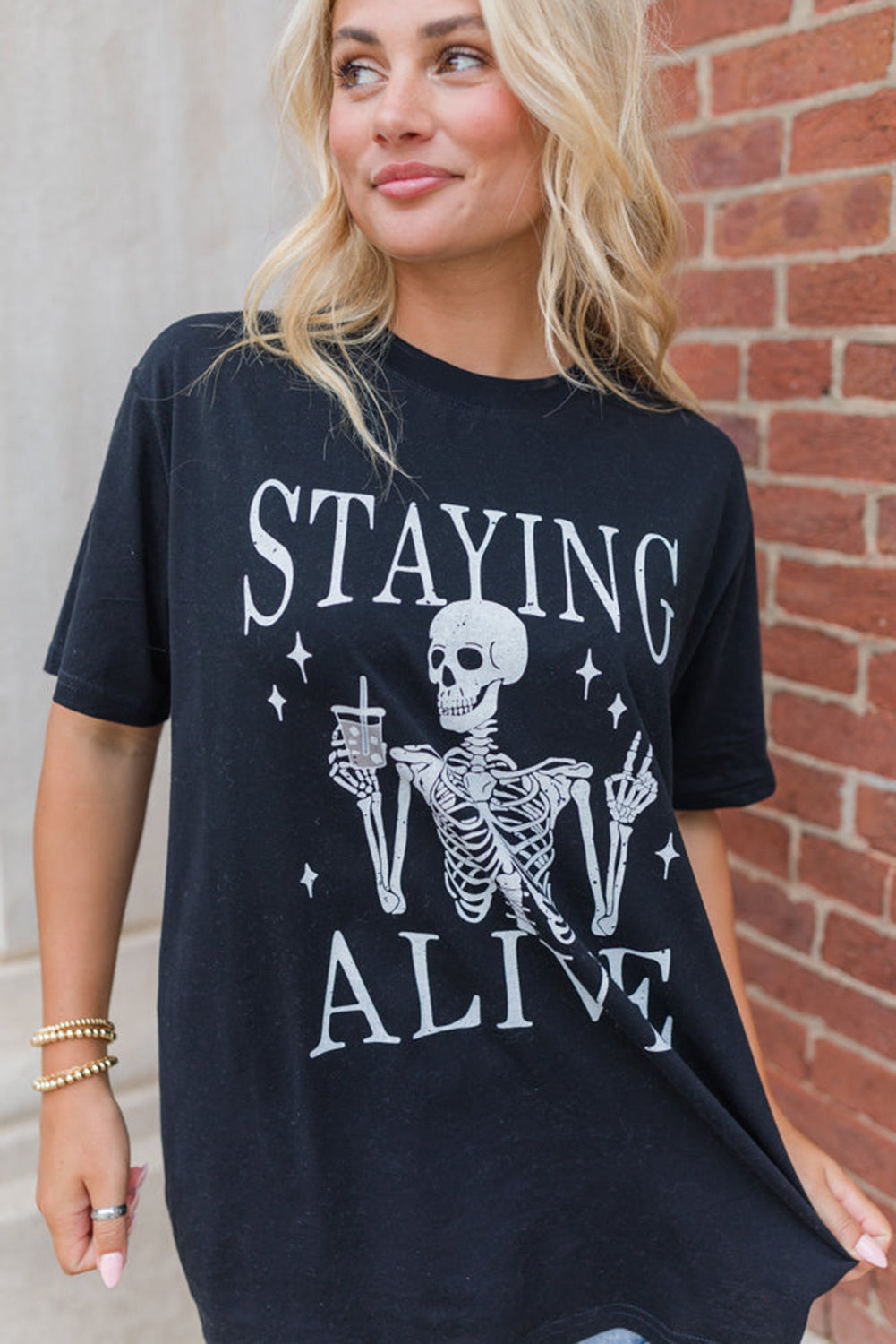 Black STAYING ALIVE Funny Skeleton Print Round Neck T Shirt Graphic Tees JT's Designer Fashion