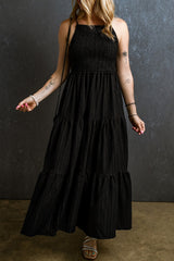 Black Spaghetti Straps Smocked Pleated Tiered Long Dress Black 68%Cotton+26.5%polyester+5.5%Elastane Maxi Dresses JT's Designer Fashion