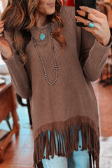Coffee Waffle Knit Fringed High Low Loose Top Long Sleeve Tops JT's Designer Fashion