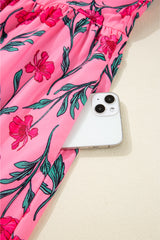 Pink Floral Contrast Neckline A-line Puff Sleeve Long Dress Maxi Dresses JT's Designer Fashion