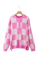 Pink Checkerboard Half Button Collared Drop Shoulder Sweater Sweaters JT's Designer Fashion