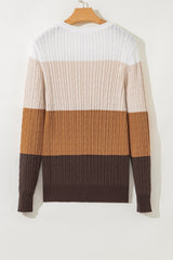 Khaki Colorblock Cable Knit Round Neck Sweater Sweaters JT's Designer Fashion