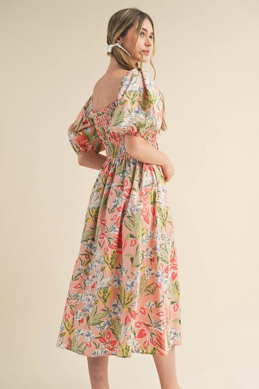 Apricot Pink Floral Smocked Bust Bubble Short Sleeve Long Dress Maxi Dresses JT's Designer Fashion