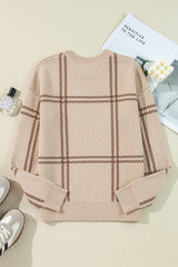 Khaki Plaid Pattern Knitted Drop Shoulder Sweater Sweaters JT's Designer Fashion