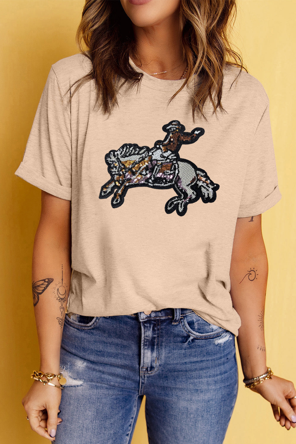 Khaki Sequin Rodeo Graphic Crewneck Tee Graphic Tees JT's Designer Fashion