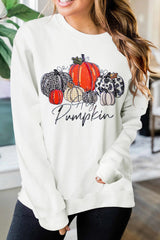 Beige Rhinestone Pumpkin Graphic Crewneck Thanksgiving Sweatshirt Beige 50%Polyester+50%Cotton Graphic Sweatshirts JT's Designer Fashion