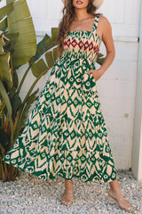 Green Western Aztec Shirred A-line Sleeveless Long Dress Maxi Dresses JT's Designer Fashion