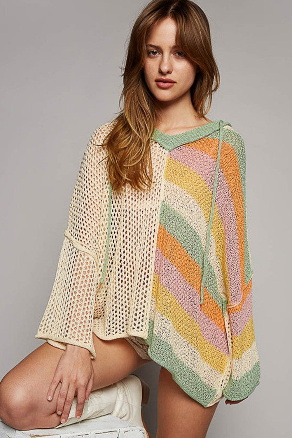 Beige Oversized Colorblock V Neck Hooded Sweater Sweaters & Cardigans JT's Designer Fashion