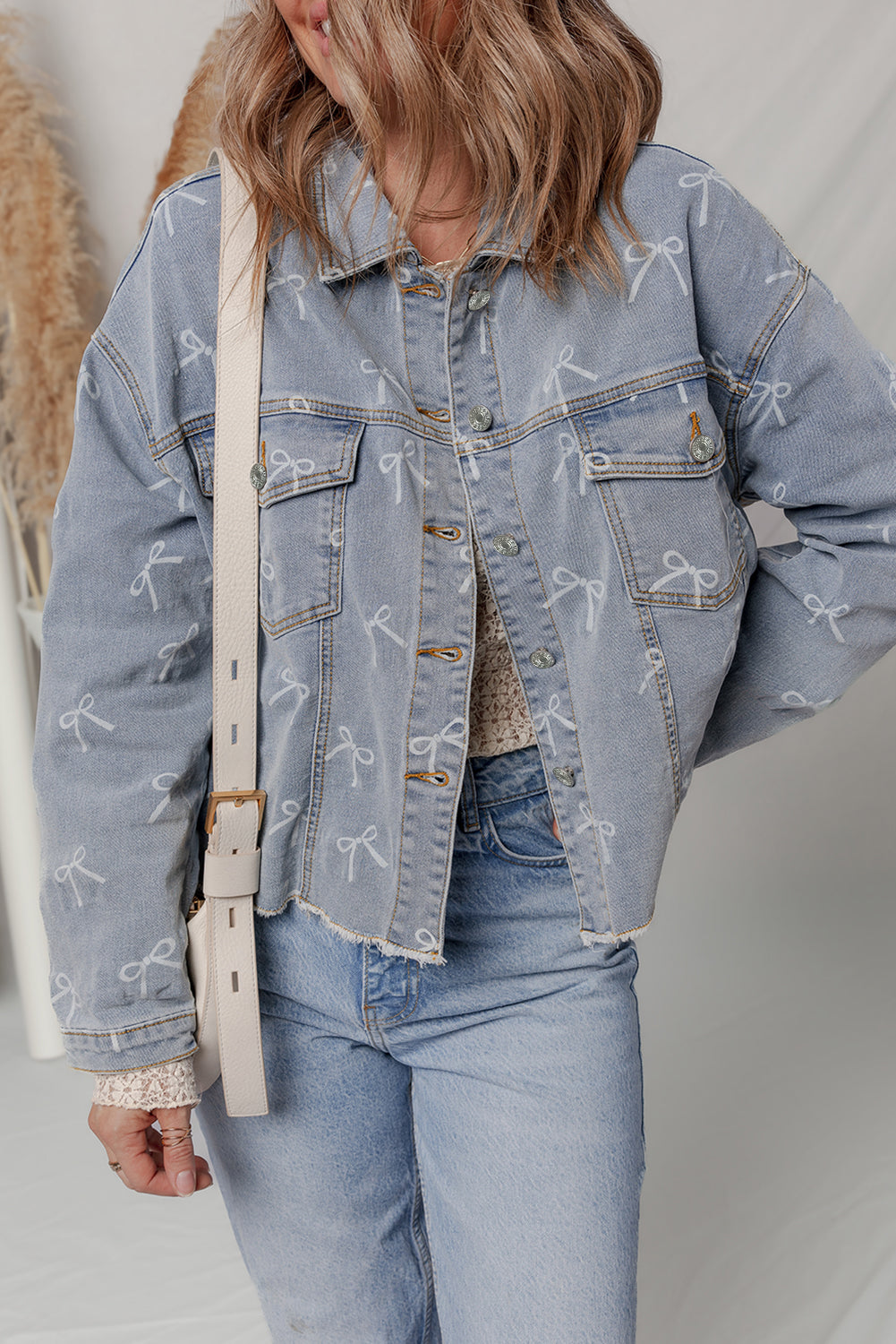 Sky Blue Bow Knot Print Light Wash Raw Hem Denim Jacket Denim Jackets JT's Designer Fashion
