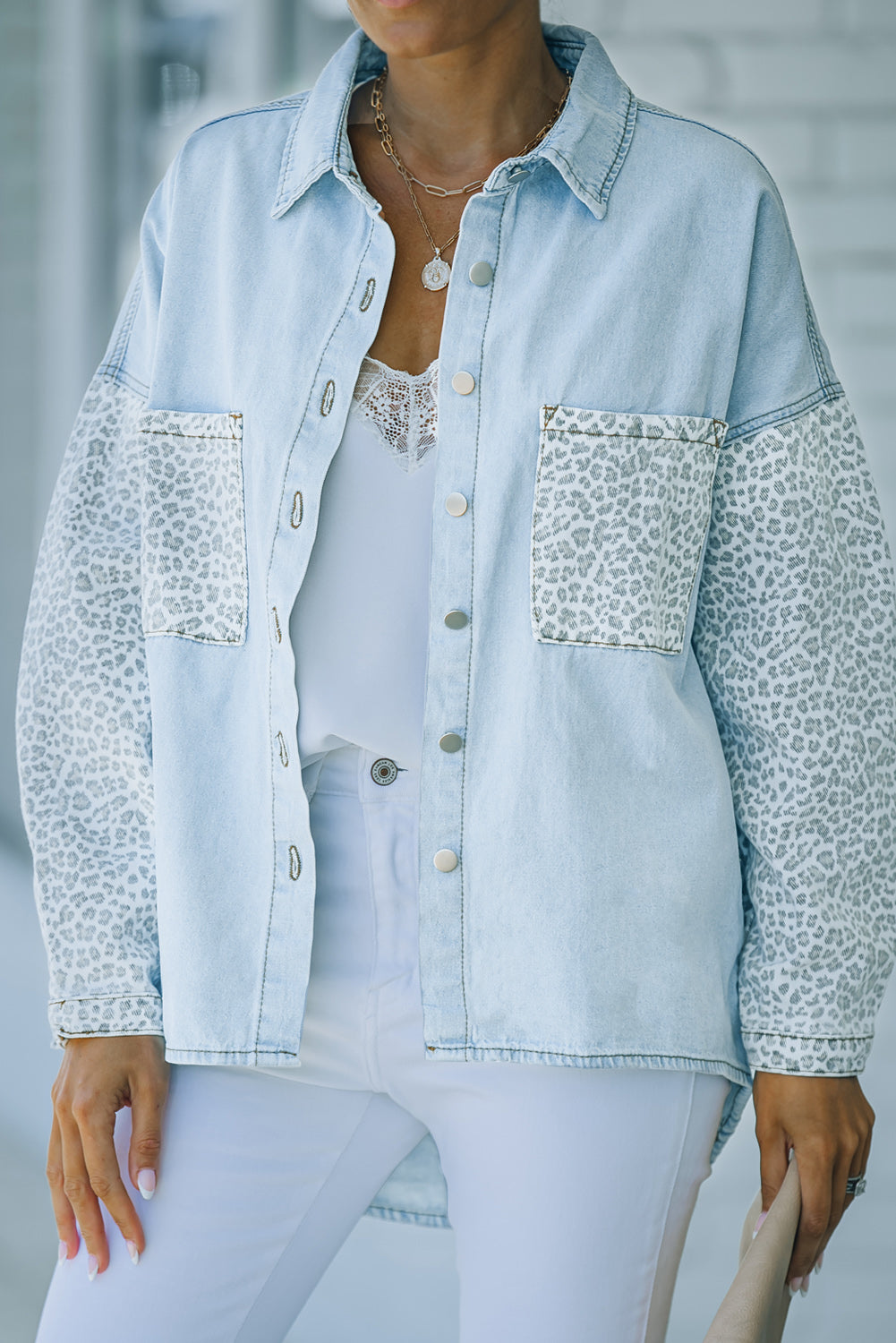 Sky Blue Contrast Leopard Denim Jacket Denim Jackets JT's Designer Fashion