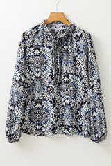 Blue Tribal Print Lace-up Frilled Neck Puff Sleeve Blouse Blouses & Shirts JT's Designer Fashion