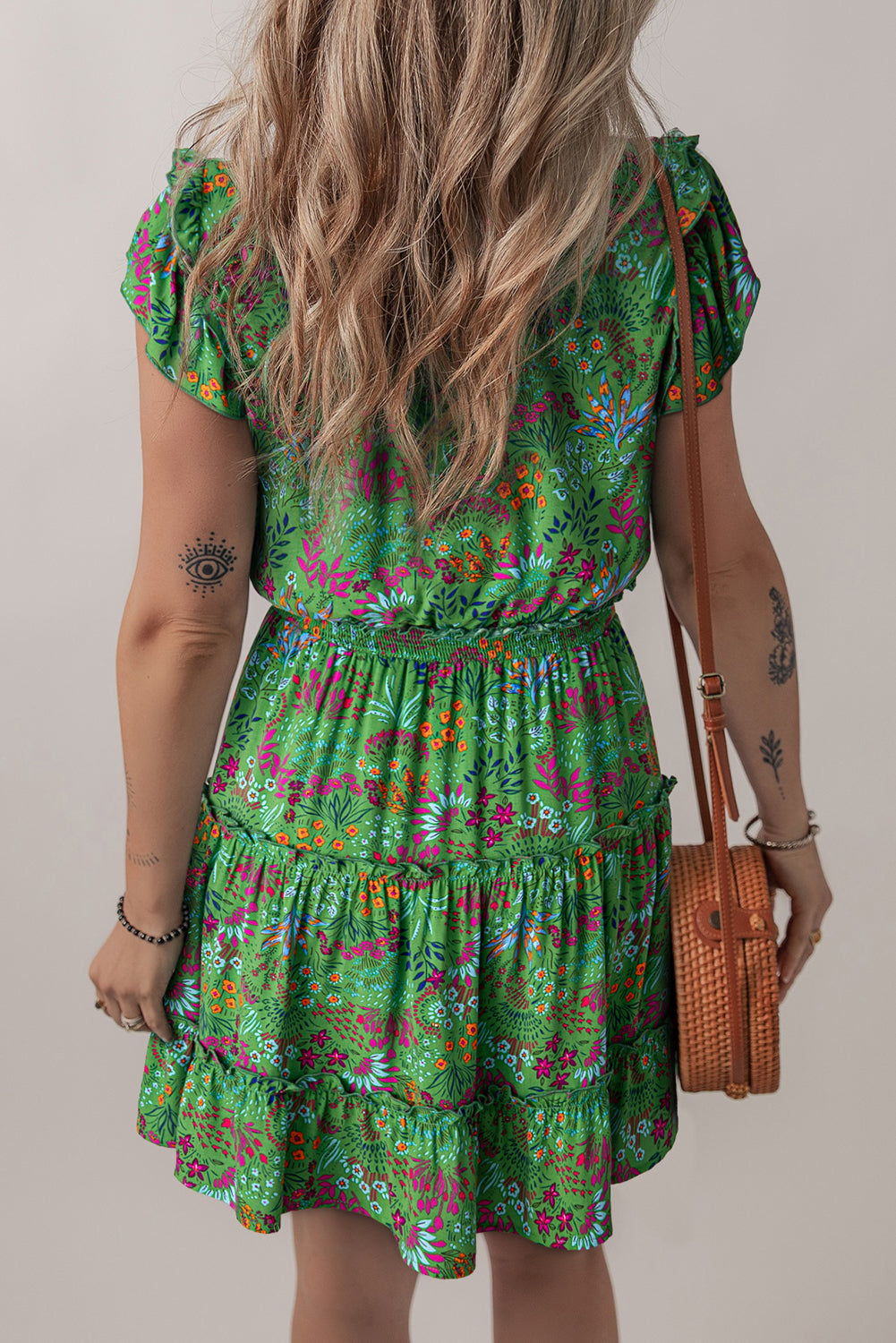 Green Floral Tie Split Neck Frilly Ruffle Trim Tiered Short Dress Floral Dresses JT's Designer Fashion