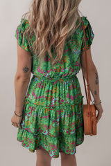 Green Floral Tie Split Neck Frilly Ruffle Trim Tiered Short Dress Floral Dresses JT's Designer Fashion