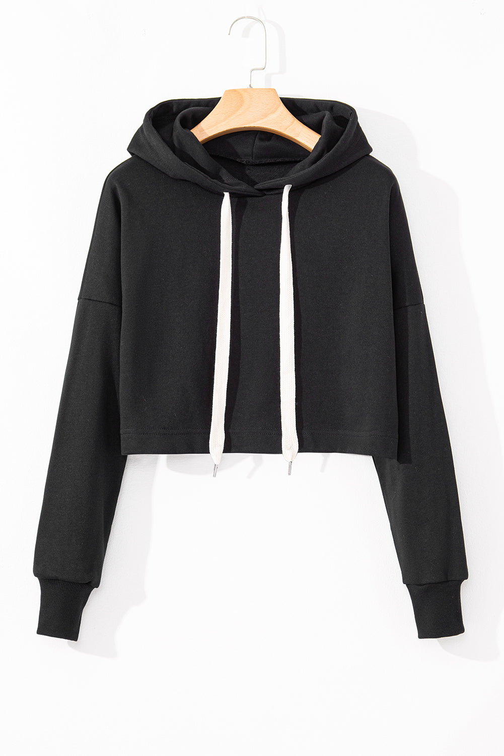 Black Solid Drop Shoulder Drawstring Cropped Hoodie Sweatshirts & Hoodies JT's Designer Fashion