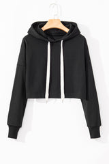 Black Solid Drop Shoulder Drawstring Cropped Hoodie Sweatshirts & Hoodies JT's Designer Fashion