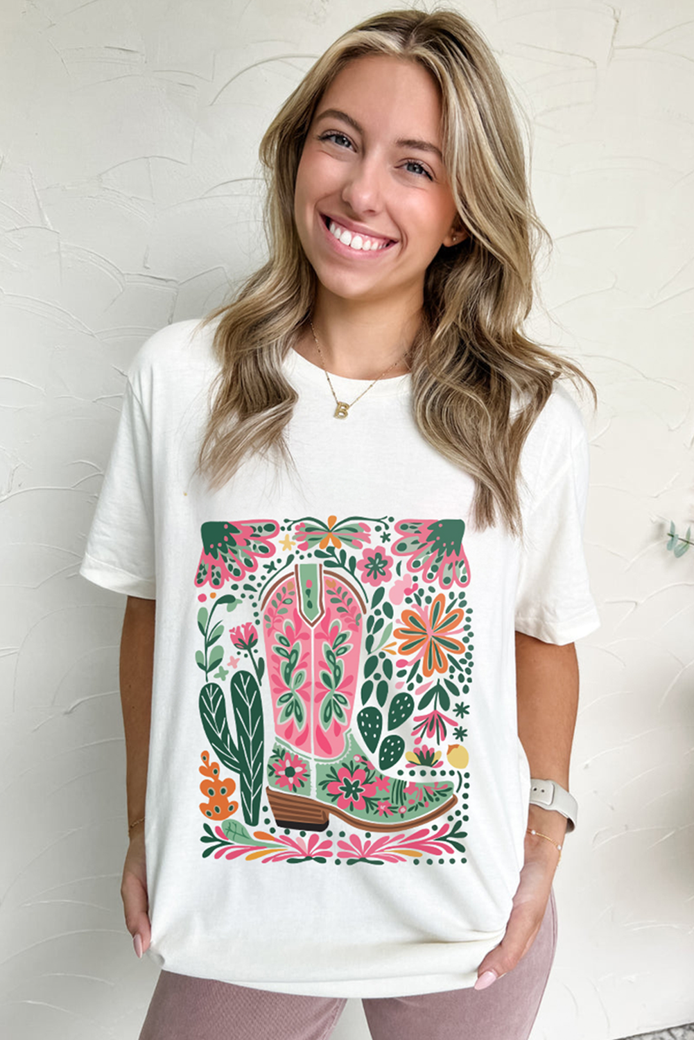 White Western Boot Flower Print Crew Neck Loose Tee Graphic Tees JT's Designer Fashion
