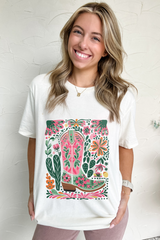 White Western Boot Flower Print Crew Neck Loose Tee Graphic Tees JT's Designer Fashion