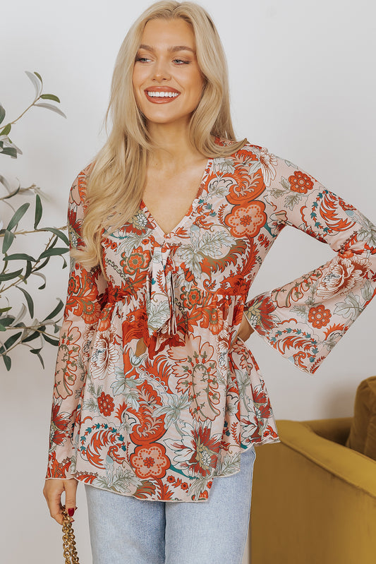 Orange Floral Print Deep V Neck Knot Bell Sleeve Blouse Orange 95%Polyester+5%Elastane Blouses & Shirts JT's Designer Fashion