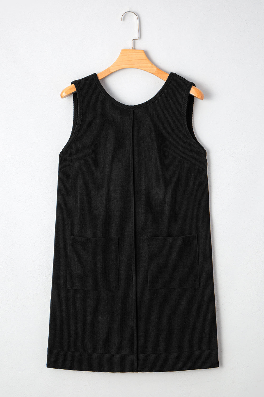 Black Corduroy Sleeveless Mini Dress With Patched Pockets Mini Dresses JT's Designer Fashion