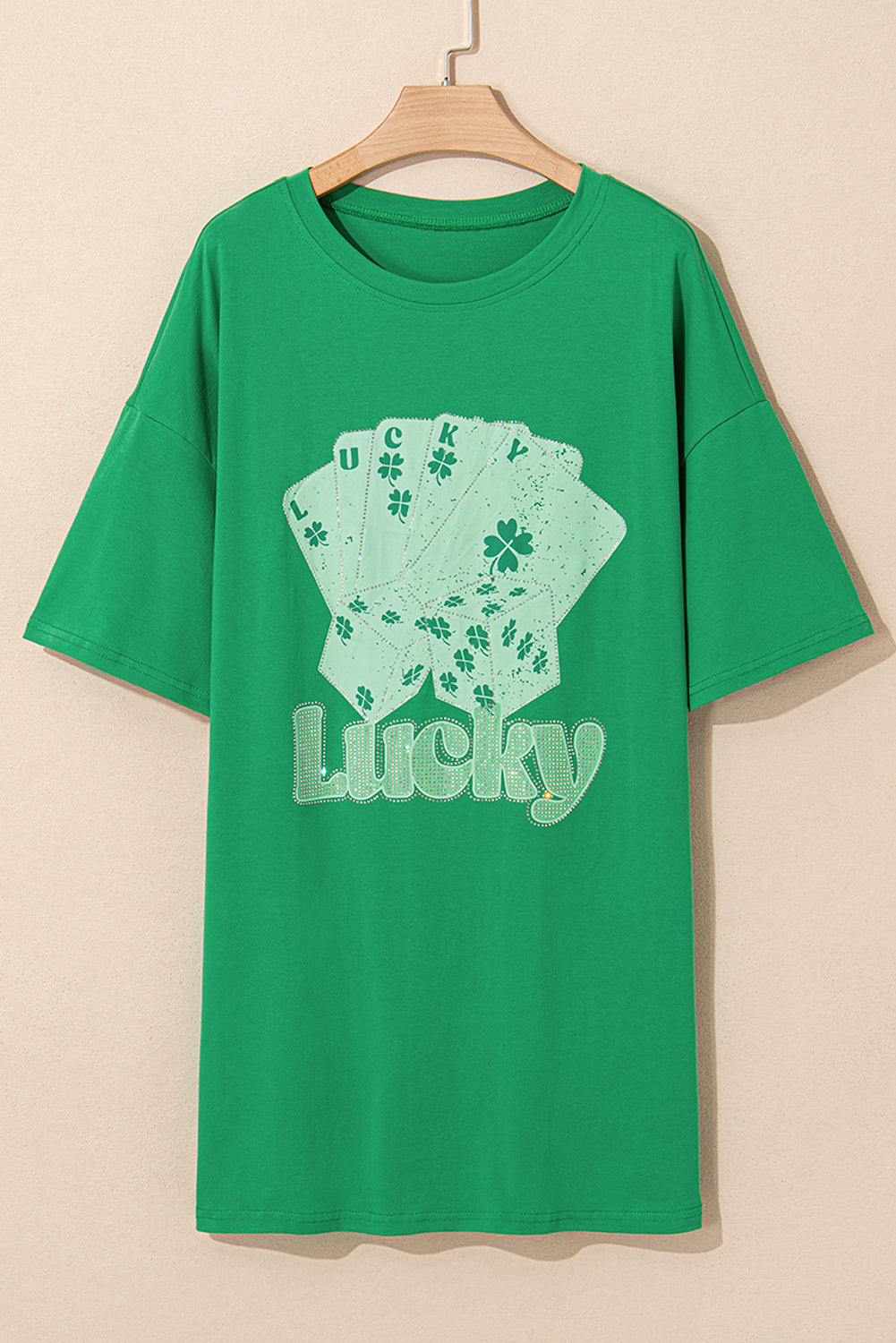 Bright Green Rhinestone Lucky Poker Cards Oversized T Shirt Mini Dress T Shirt Dresses JT's Designer Fashion