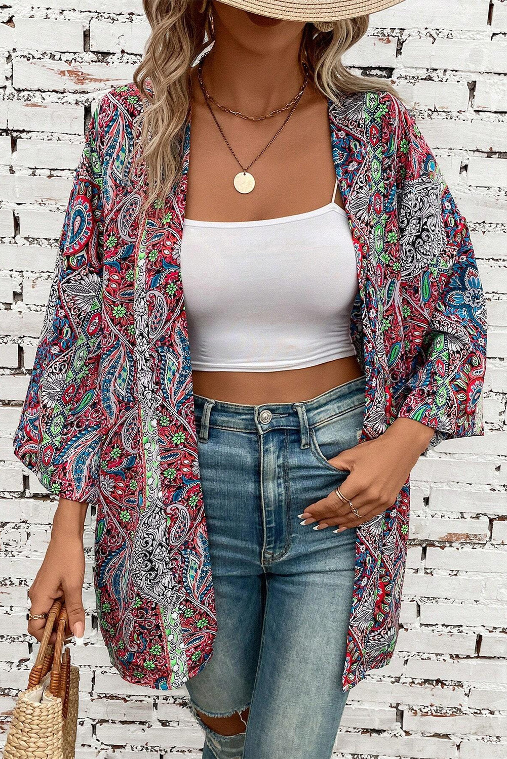 Red Paisley Print Open Front Kimono Kimonos JT's Designer Fashion