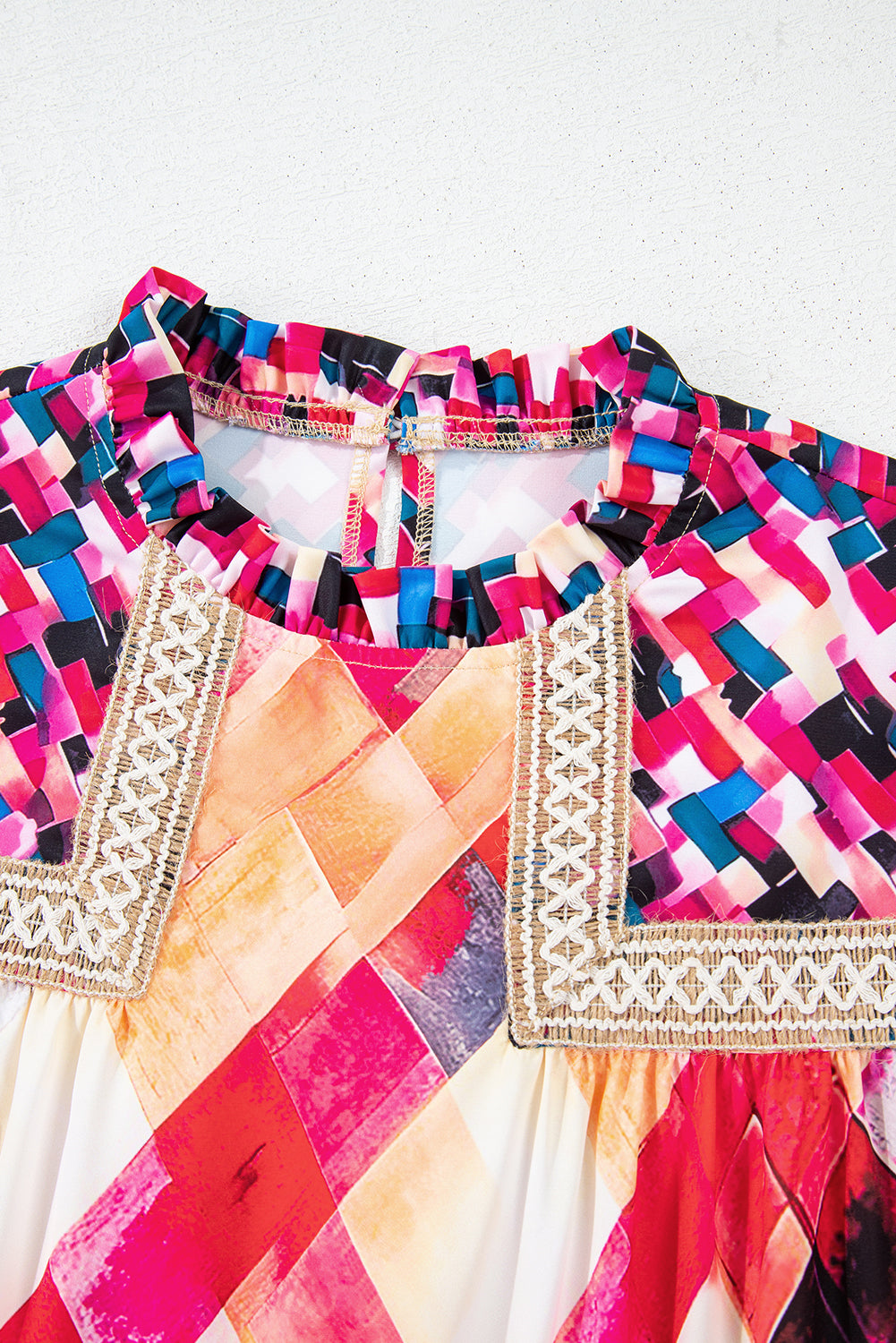 Rose Red Abstract Geometric Pattern Patchwork Puff Sleeve Blouse Blouses & Shirts JT's Designer Fashion