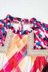 Rose Red Abstract Geometric Pattern Patchwork Puff Sleeve Blouse Blouses & Shirts JT's Designer Fashion