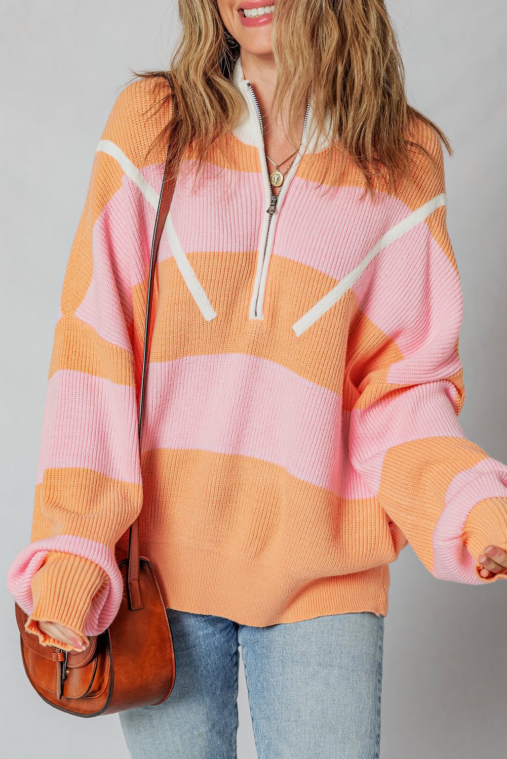 Orange Stripe Colorblock Half Zip Oversize Sweater Sweaters JT's Designer Fashion