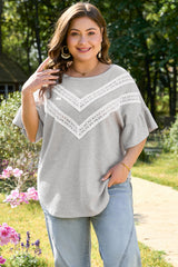 Light Grey Lace Insert Waffle Ruffle Short Sleeve Plus Size Top Light Grey 70%Polyester+27%Viscose+3%Elastane Plus Size Tops & Tees JT's Designer Fashion