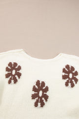 White Colorblock Floral Pattern Round Neck Sweater Sweaters JT's Designer Fashion