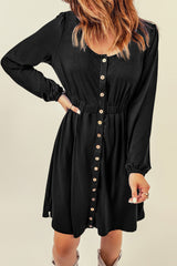 Black Button Up High Waist Long Sleeve Dress Midi Dresses JT's Designer Fashion