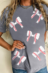 Gray Rugby Bow Knot Print Crewneck Casual T Shirt Graphic Tees JT's Designer Fashion