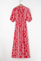 Red Paisley Print Side Slit Puff Sleeve High Waist Long Dress Maxi Dresses JT's Designer Fashion