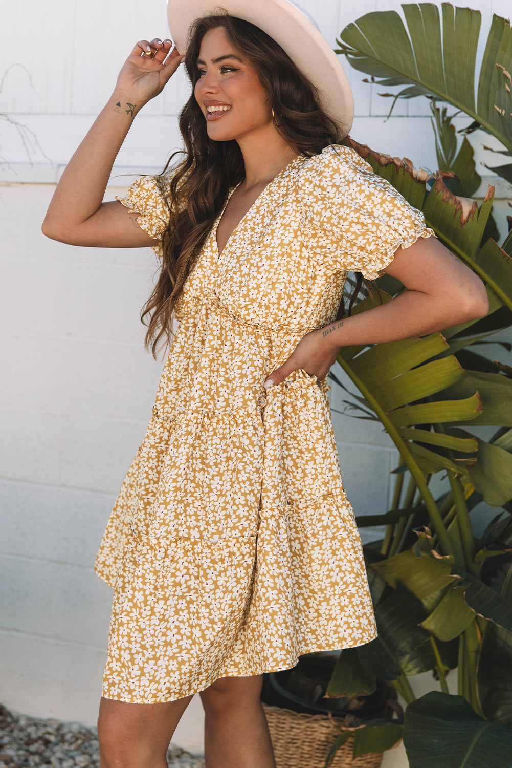 Yellow Floral Short Sleeve V Neck Frilly Tiered Mini Dress Floral Dresses JT's Designer Fashion