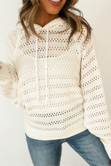 White Pointelle Knit Raglan Sleeve Hooded Sweater Sweaters JT's Designer Fashion